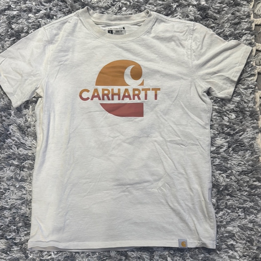 Carhartt Cream T-Shirt with Orange and Brown Logo